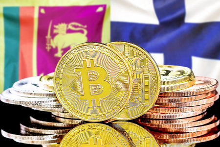 Concept for investors in cryptocurrency and Blockchain technology in the Sri Lanka and Finland. Bitcoins on the background of the flag Sri Lanka and Finland.の写真素材