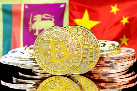 Concept for investors in cryptocurrency and Blockchain technology in the Sri Lanka and China. Bitcoins on the background of the flag Sri Lanka and China.の写真素材