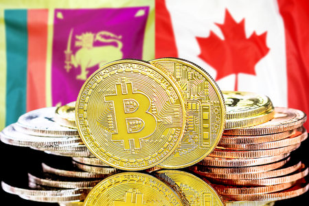 Concept for investors in cryptocurrency and Blockchain technology in the Sri Lanka and Canada. Bitcoins on the background of the flag Sri Lanka and Canada.の写真素材