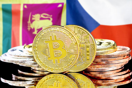 Concept for investors in cryptocurrency and Blockchain technology in the Sri Lanka and Czech Republic. Bitcoins on the background of the flag Sri Lanka and Czech Republic.の写真素材