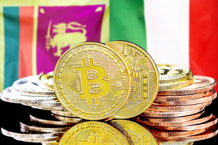 Concept for investors in cryptocurrency and Blockchain technology in the Sri Lanka and Italy. Bitcoins on the background of the flag Sri Lanka and Italy.の写真素材