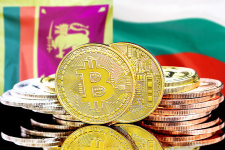 Concept for investors in cryptocurrency and Blockchain technology in the Sri Lanka and Bulgaria. Bitcoins on the background of the flag Sri Lanka and Bulgaria.の写真素材
