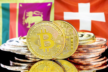 Concept for investors in cryptocurrency and Blockchain technology in the Sri Lanka and Switzerland. Bitcoins on the background of the flag Sri Lanka and Switzerland.の写真素材