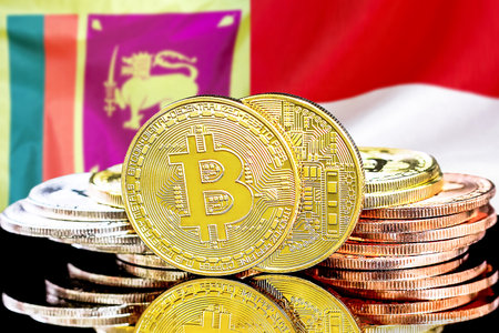 Concept for investors in cryptocurrency and Blockchain technology in the Sri Lanka and Monaco. Bitcoins on the background of the flag Sri Lanka and Monaco.の写真素材
