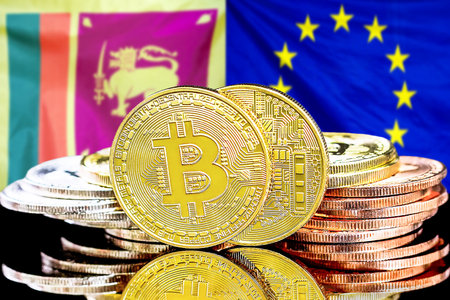 Concept for investors in cryptocurrency and Blockchain technology in the Sri Lanka and European Union. Bitcoins on the background of the flag Sri Lanka and European Union.の写真素材
