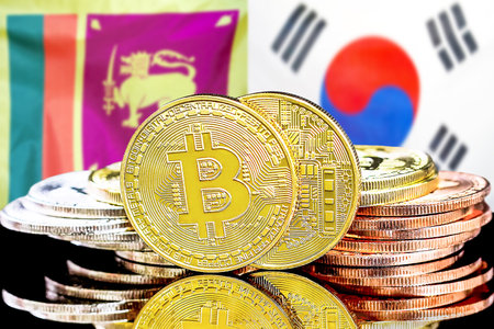 Concept for investors in cryptocurrency and Blockchain technology in the Sri Lanka and South Korea. Bitcoins on the background of the flag Sri Lanka and South Korea.の写真素材