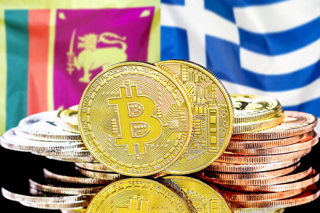 Concept for investors in cryptocurrency and Blockchain technology in the Sri Lanka and Greece. Bitcoins on the background of the flag Sri Lanka and Greece.の写真素材