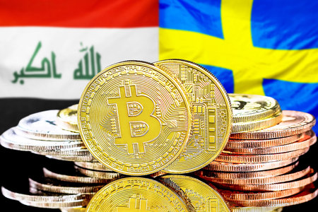 Concept for investors in cryptocurrency and Blockchain technology in the Iraq and Sweden. Bitcoins on the background of the flag Iraq and Sweden.の写真素材