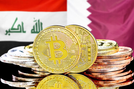 Concept for investors in cryptocurrency and Blockchain technology in the Iraq and Qatar. Bitcoins on the background of the flag Iraq and Qatar.の写真素材