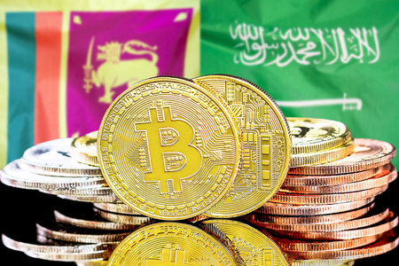 Concept for investors in cryptocurrency and Blockchain technology in the Sri Lanka and Saudi Arabia. Bitcoins on the background of the flag Sri Lanka and Saudi Arabia.の写真素材