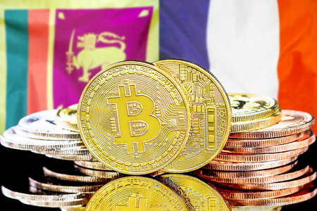 Concept for investors in cryptocurrency and Blockchain technology in the Sri Lanka and France. Bitcoins on the background of the flag Sri Lanka and France.の写真素材