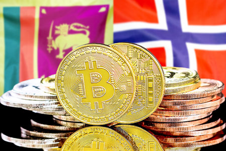 Concept for investors in cryptocurrency and Blockchain technology in the Sri Lanka and Norway. Bitcoins on the background of the flag Sri Lanka and Norway.の写真素材