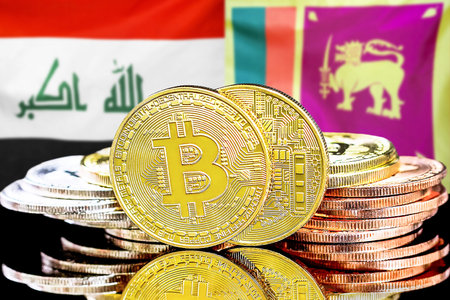 Concept for investors in cryptocurrency and Blockchain technology in the Iraq and Sri Lanka. Bitcoins on the background of the flag Iraq and Sri Lanka.の写真素材