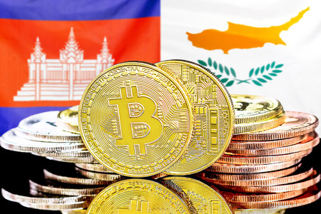 Concept for investors in cryptocurrency and Blockchain technology in the Cambodia and Cyprus. Bitcoins on the background of the flag Cambodia and Cyprus.の写真素材