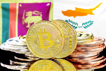Concept for investors in cryptocurrency and Blockchain technology in the Sri Lanka and Cyprus. Bitcoins on the background of the flag Sri Lanka and Cyprus.の写真素材