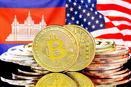 Concept for investors in cryptocurrency and Blockchain technology in the Cambodia and United States of America. Bitcoins on the background of the flag Cambodia and US.の写真素材