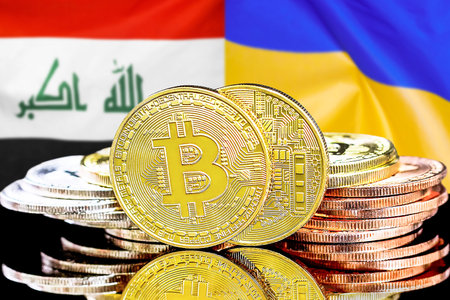 Concept for investors in cryptocurrency and Blockchain technology in the Iraq and Ukraine. Bitcoins on the background of the flag Iraq and Ukraine.の写真素材