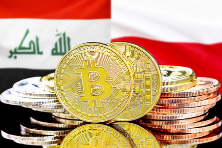 Concept for investors in cryptocurrency and Blockchain technology in the Iraq and Poland. Bitcoins on the background of the flag Iraq and Poland.の写真素材