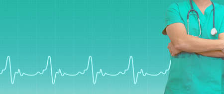 Doctor and ecg line on medical green background. Medical web sites with copy space. Health care banner.の写真素材
