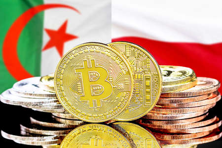 Concept for investors in cryptocurrency and Blockchain technology in the Algeria and Poland. Bitcoins on the background of the flag Algeria and Polandの写真素材
