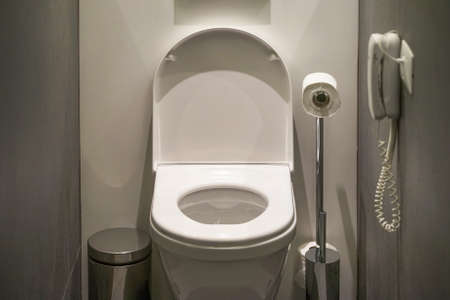 Closeup of toilet bowl and roll on toilet paper holder in luxury hotel.の写真素材
