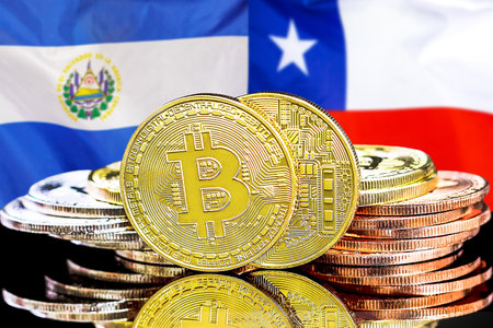Concept for investors in cryptocurrency and Blockchain technology in El Salvador and Chile. Bitcoins on the background of the flag El Salvador and Chileの写真素材
