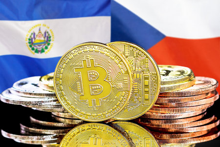 Concept for investors in cryptocurrency and Blockchain technology in El Salvador and Czech Republic. Bitcoins on the background of the flag El Salvador and Czech Republicの写真素材