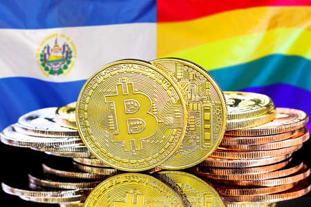 Concept for investors in cryptocurrency and Blockchain technology in El Salvador and LGBT. Bitcoins on the background of the flag El Salvador and LGBTの写真素材