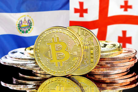 Concept for investors in cryptocurrency and Blockchain technology in El Salvador and Georgia. Bitcoins on the background of the flag El Salvador and Georgiaの写真素材