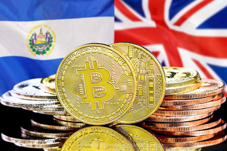 Concept for investors in cryptocurrency and Blockchain technology in El Salvador and UK. Bitcoins on the background of the flag El Salvador and United Kingdomの写真素材