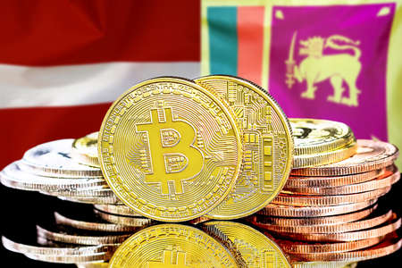 Bitcoins on the background of flag Latvia and Sri Lanka. Concept for investors in cryptocurrency and Blockchain technology in Latvia and Sri Lankaの写真素材