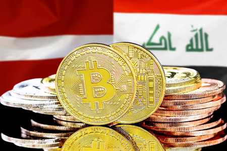 Bitcoins on the background of flag Latvia and Iraq. Concept for investors in cryptocurrency and Blockchain technology in Latvia and Iraqの写真素材