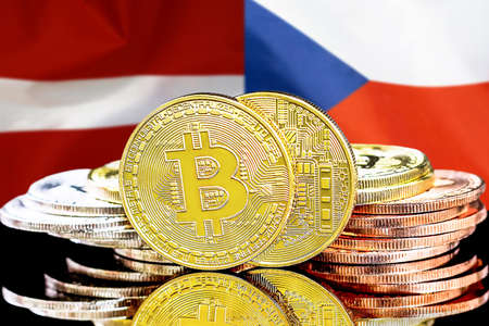 Bitcoins on the background of flag Latvia and Czech Republic. Concept for investors in cryptocurrency and Blockchain technology in Latvia and Czech Republicの写真素材