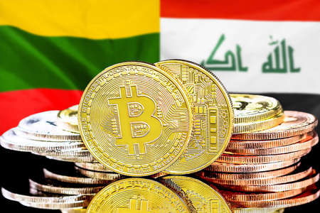 Bitcoins on the background of flag Lithuania and Iraq. Concept for investors in cryptocurrency and Blockchain technology in Lithuania and Iraqの写真素材