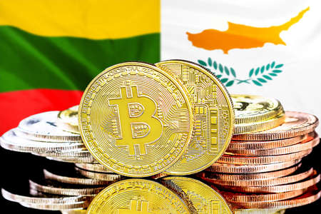 Bitcoins on the background of flag Lithuania and Cyprus. Concept for investors in cryptocurrency and Blockchain technology in Lithuania and Cyprusの写真素材
