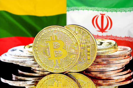 Bitcoins on the background of flag Lithuania and Iran. Concept for investors in cryptocurrency and Blockchain technology in Lithuania and Iranの写真素材