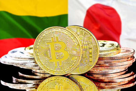 Bitcoins on the background of flag Lithuania and Japan. Concept for investors in cryptocurrency and Blockchain technology in Lithuania and Japanの写真素材