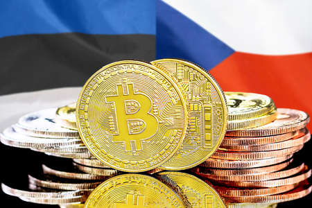 Bitcoins on the background of flag Estonia and Czech Republic. Concept for investors in cryptocurrency and Blockchain technology in Estonia and Czech Republicの写真素材