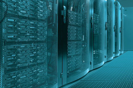 working data center. Centers data center with multiple rows. Data center in server room with server...