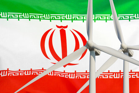 Two Wind Turbines for alternative energy on Iran flag background. wind turbines generating electricity. Eco power and wind stations for renewable electric energy production in Iranの写真素材
