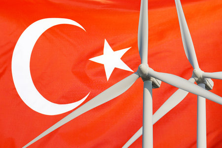 Two Wind Turbines for alternative energy on Turkey flag background. wind turbines generating electricity. Eco power and wind stations for renewable electric energy production in Turkeyの写真素材
