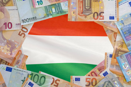 Mockup of Euro banknotes on flag Hungary background. Different Euro banknotes frame. Business, finance, investment, saving and corruption concept of Hungaryの写真素材