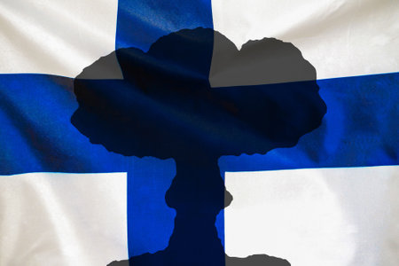 Atomic bomb explosion mushroom on Finland flag background. nuclear explosion. Danger of nuclear war illustration in Finlandの写真素材