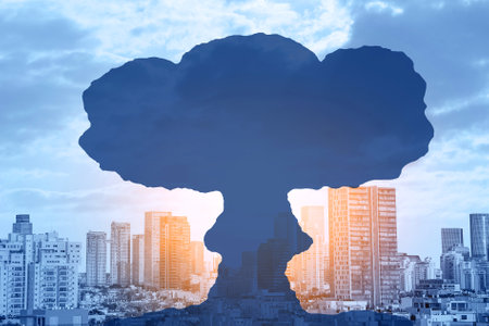 Atomic bomb explosion mushroom above the center of the modern city. nuclear explosion. Danger of nuclear war illustration in modern city or countryの写真素材