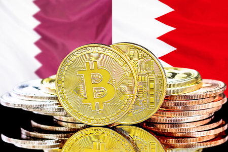 Bitcoins on flag Bahrain and Qatar background. Concept for investors in cryptocurrency and Blockchain technology in Bahrain and Qatarの写真素材