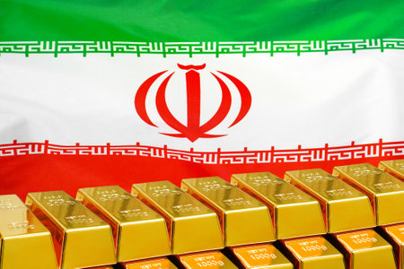 Row of shining golden bullions on the Iran flag background. Business and financial country's reserves. Concept of gold reserve and gold fund of Iranの写真素材
