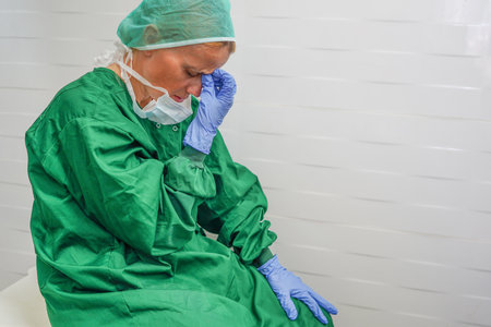Medical malpractice concept with doctor or surgeon after surgical mistake. Woman surgeon while sitting at hospital corridor after surgery - concept of exhausted, overworked and fatigueの写真素材