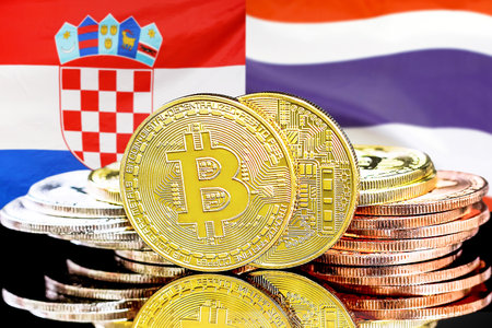 Bitcoins on flag of Croatia and Thailand background. Concept for investors in cryptocurrency and Blockchain technology in Croatia and Thailandの写真素材