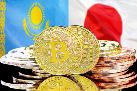 Bitcoins on flag Kazakhstan and Japan flag background. Concept for investors in cryptocurrency and Blockchain technology in Kazakhstan and Japanの写真素材