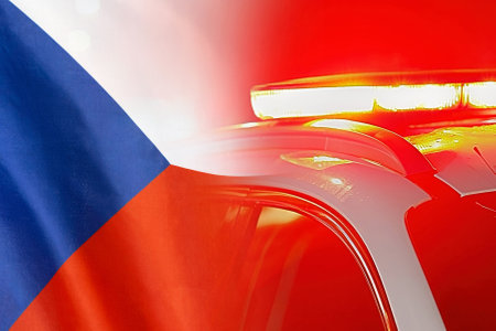 Close-up of the red lights on top of Czech Republic police vehicle on flag of Czech Republic background. The concept of crime and law in the Czech Republicの写真素材